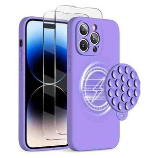 For iPhone 14 Pro Silicone Suction Cup MagSafe Phone Case with Screen Film(Purple)