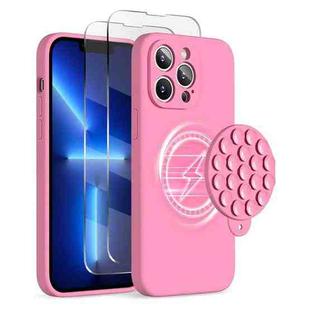 For iPhone 13 Pro Silicone Suction Cup MagSafe Phone Case with Screen Film(Soft Pink)