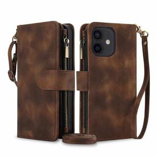 For iPhone 12 Dream 9-Card Zipper Wallet RFID Leather Phone Case with Lanyard(Brown)