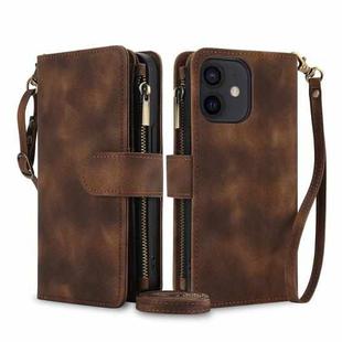 For iPhone 12 mini Dream 9-Card Zipper Wallet RFID Leather Phone Case with Lanyard(Brown)