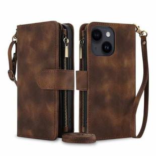 For iPhone 14 Dream 9-Card Zipper Wallet RFID Leather Phone Case with Lanyard(Brown)