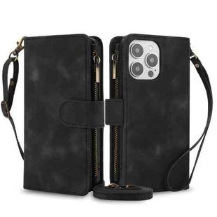 For iPhone 15 Pro Max Dream 9-Card Zipper Wallet RFID Leather Phone Case with Lanyard(Black)