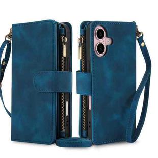 For iPhone 16 Dream 9-Card Zipper Wallet RFID Leather Phone Case with Lanyard(Blue)