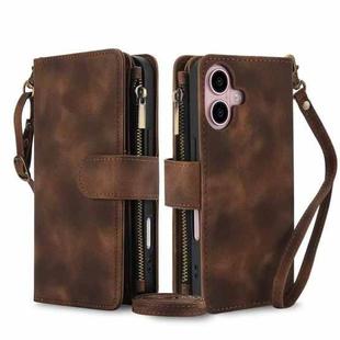 For iPhone 16 Plus Dream 9-Card Zipper Wallet RFID Leather Phone Case with Lanyard(Brown)