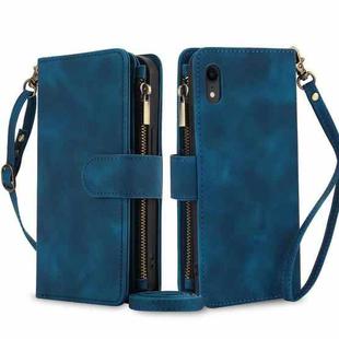 For iPhone XR Dream 9-Card Zipper Wallet RFID Leather Phone Case with Lanyard(Blue)