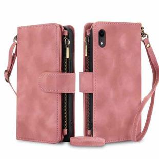 For iPhone XR Dream 9-Card Zipper Wallet RFID Leather Phone Case with Lanyard(Rose Gold)