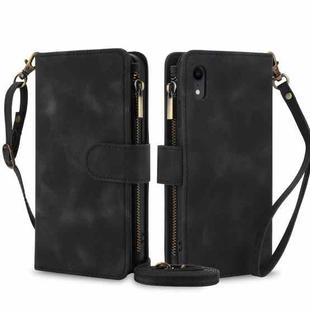 For iPhone XR Dream 9-Card Zipper Wallet RFID Leather Phone Case with Lanyard(Black)