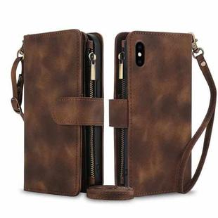 For iPhone XS Max Dream 9-Card Zipper Wallet RFID Leather Phone Case with Lanyard(Brown)