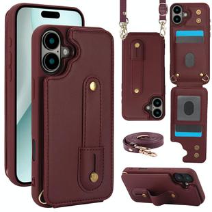 For iPhone 16 Plus Wristband Vertical Flip Wallet Back Cover Phone Case with Long Lanyard(Wine Red)