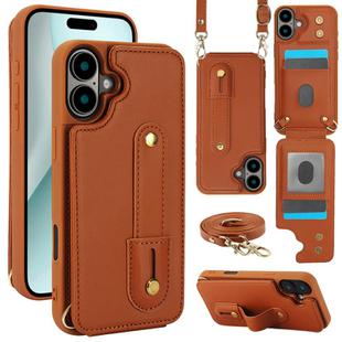 For iPhone 16 Plus Wristband Vertical Flip Wallet Back Cover Phone Case with Long Lanyard(Brown)