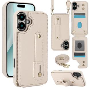 For iPhone 16 Plus Wristband Vertical Flip Wallet Back Cover Phone Case with Long Lanyard(White)