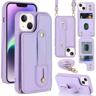 For iPhone 15 Wristband Vertical Flip Wallet Back Cover Phone Case with Long Lanyard(Purple)