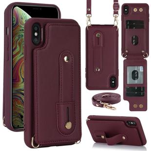 For iPhone XS Max Wristband Vertical Flip Wallet Back Cover Phone Case with Long Lanyard(Wine Red)