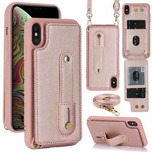 For iPhone XS Max Wristband Vertical Flip Wallet Back Cover Phone Case with Long Lanyard(Rose Gold)