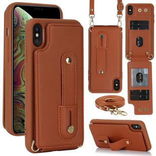 For iPhone XS Max Wristband Vertical Flip Wallet Back Cover Phone Case with Long Lanyard(Brown)