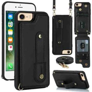 For iPhone SE 2022 / 2020 / 8 Wristband Vertical Flip Wallet Back Cover Phone Case with Long Lanyard(Black)