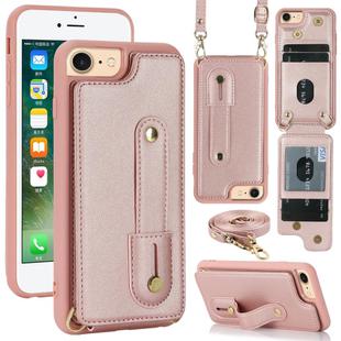 For iPhone SE 2022 / 2020 / 8 Wristband Vertical Flip Wallet Back Cover Phone Case with Long Lanyard(Rose Gold)