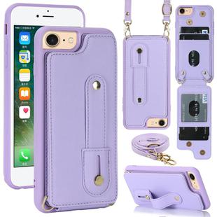 For iPhone SE 2022 / 2020 / 8 Wristband Vertical Flip Wallet Back Cover Phone Case with Long Lanyard(Purple)