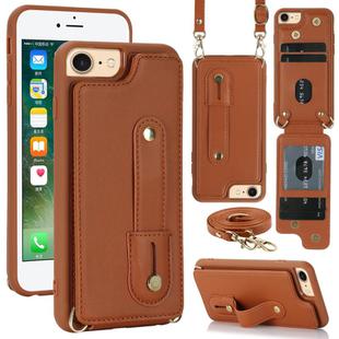 For iPhone SE 2022 / 2020 / 8 Wristband Vertical Flip Wallet Back Cover Phone Case with Long Lanyard(Brown)