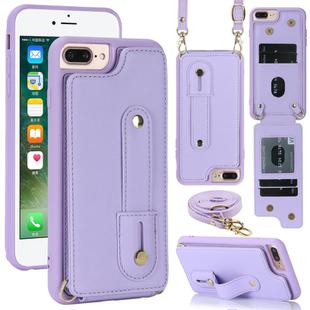 For iPhone 8 Plus / 7 Plus Wristband Vertical Flip Wallet Back Cover Phone Case with Long Lanyard(Purple)
