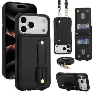 For iPhone 17 Pro Max Wristband Vertical Flip Wallet Back Cover Phone Case with Long Lanyard(Black)
