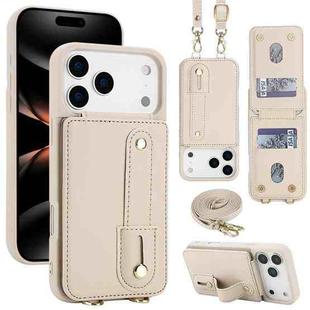 For iPhone 17 Pro Max Wristband Vertical Flip Wallet Back Cover Phone Case with Long Lanyard(White)
