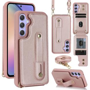 For Samsung Galaxy S24+ 5G Wristband Vertical Flip Wallet Back Cover Phone Case with Long Lanyard(Rose Gold)