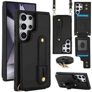 For Samsung Galaxy S25 Ultra 5G Wristband Vertical Flip Wallet Back Cover Phone Case with Long Lanyard(Black)