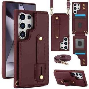 For Samsung Galaxy S25 Ultra 5G Wristband Vertical Flip Wallet Back Cover Phone Case with Long Lanyard(Wine Red)