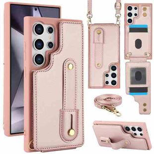 For Samsung Galaxy S25 Ultra 5G Wristband Vertical Flip Wallet Back Cover Phone Case with Long Lanyard(Rose Gold)
