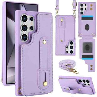 For Samsung Galaxy S25 Ultra 5G Wristband Vertical Flip Wallet Back Cover Phone Case with Long Lanyard(Purple)