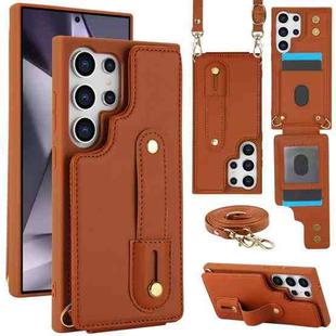 For Samsung Galaxy S25 Ultra 5G Wristband Vertical Flip Wallet Back Cover Phone Case with Long Lanyard(Brown)