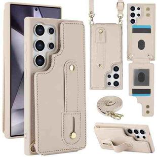 For Samsung Galaxy S25 Ultra 5G Wristband Vertical Flip Wallet Back Cover Phone Case with Long Lanyard(White)