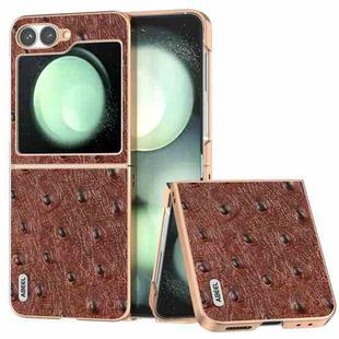 For Samsung Galaxy Z Flip6 ABEEL Electroplating Frame Genuine Leather Ostrich Texture Phone Case(Coffee)