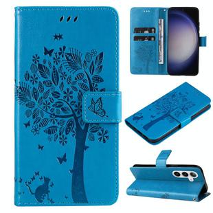 For Samsung Galaxy S25 / S24 5G Tree & Cat Embossed Pattern Flip Leather Phone Case(Blue)