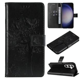 For Samsung Galaxy S25 / S24 5G Tree & Cat Embossed Pattern Flip Leather Phone Case(Black)