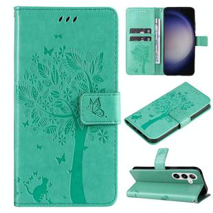 For Samsung Galaxy S25+ / S24+ 5G Tree & Cat Embossed Pattern Flip Leather Phone Case(Green)