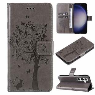 For Samsung Galaxy S25+ / S24+ 5G Tree & Cat Embossed Pattern Flip Leather Phone Case(Grey)