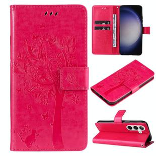 For Samsung Galaxy S25+ / S24+ 5G Tree & Cat Embossed Pattern Flip Leather Phone Case(Rose Red)