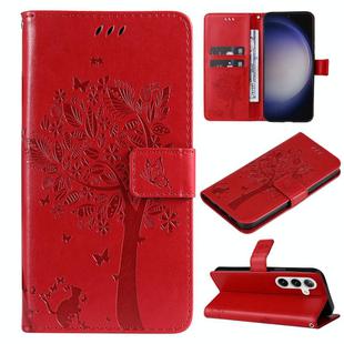 For Samsung Galaxy S25+ / S24+ 5G Tree & Cat Embossed Pattern Flip Leather Phone Case(Red)