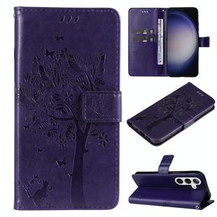 For Samsung Galaxy S25+ / S24+ 5G Tree & Cat Embossed Pattern Flip Leather Phone Case(Purple)