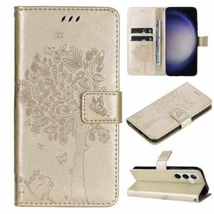 For Samsung Galaxy S25+ / S24+ 5G Tree & Cat Embossed Pattern Flip Leather Phone Case(Gold)