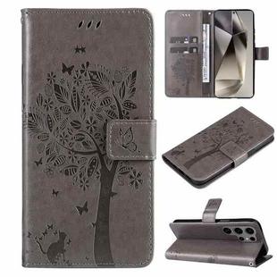 For Samsung Galaxy S25 Ultra 5G Tree & Cat Embossed Pattern Flip Leather Phone Case(Grey)