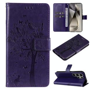 For Samsung Galaxy S25 Ultra 5G Tree & Cat Embossed Pattern Flip Leather Phone Case(Purple)