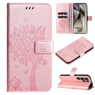 For Samsung Galaxy S25 Ultra 5G Tree & Cat Embossed Pattern Flip Leather Phone Case(Rose Gold)