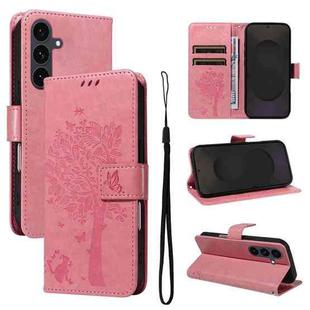 For Samsung Galaxy S25 FE 5G Tree & Cat Embossed Pattern Flip Leather Phone Case(Pink)