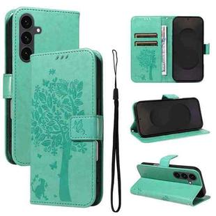 For Samsung Galaxy S25 FE 5G Tree & Cat Embossed Pattern Flip Leather Phone Case(Green)