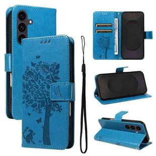 For Samsung Galaxy S25 FE 5G Tree & Cat Embossed Pattern Flip Leather Phone Case(Blue)