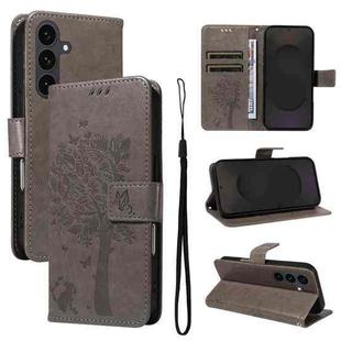 For Samsung Galaxy S25 FE 5G Tree & Cat Embossed Pattern Flip Leather Phone Case(Grey)