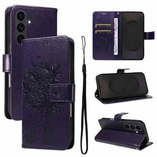 For Samsung Galaxy S25 FE 5G Tree & Cat Embossed Pattern Flip Leather Phone Case(Purple)